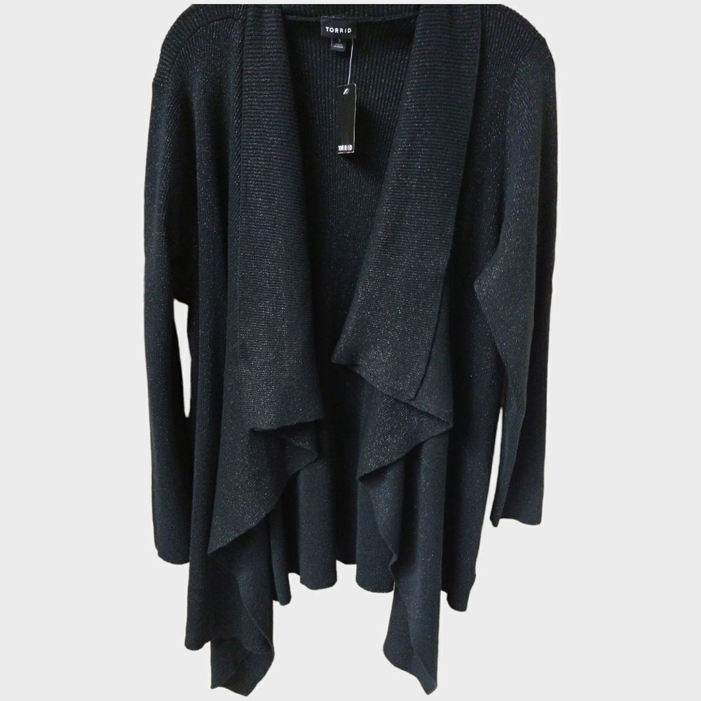 TORRIID Plus Size Black Sparkly Drape Front Cardigan With Overlapping Layers 3X